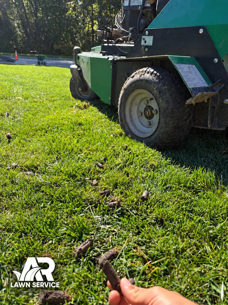 A soil plug held in front of core-aeration equipment, with the A.R Lawn Service logo